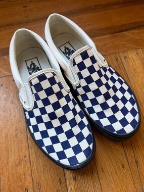 Vans Customs Slip Ons - blue checkerboard with black bottoms